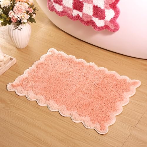 ORTIGIA Cute Coral Pink Scalloped Bath Mat, Fun Plush Microfiber Scallop Bathroom Rugs Non Slip Washable Quick Dry Absorbent, Bath Rug Carpet for Shower Stall Vanities Kitchen Floor Entrance, 17x24 - color: Coral Pink, size: 1'5" X 2'(rectangular)