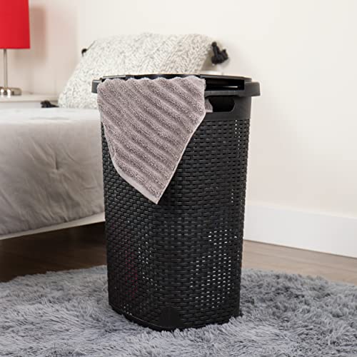 Mind Reader 60L Slim Laundry Hamper, Clothes Basket, Lid, Wicker Design, Plastic, 17.65"L x 13.75"W x 24.15"H, Black - color: Black, size: 1 Piece
