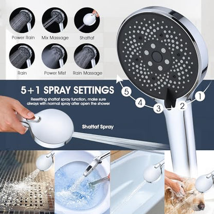 PDPBath 14 Inch Rain Shower Head with 5+1 Settings Handheld Spray Combo, High Pressure Rainfall Shower Head with 16'' Upgrade Adjustable Extension Arm, 79" Extra Long Hose, 3-Way Diverter, Chrome - color: Chrome