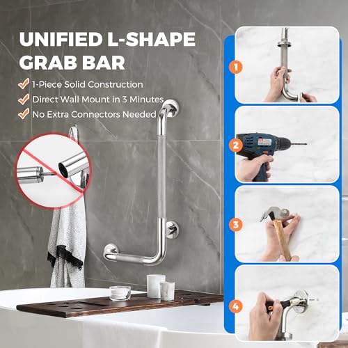 L-Shaped Grab Bars for Shower, 1 Pack, 24 x 12 Inch Stainless Steel, Left | Grab Bars for Bathroom; Diamond-Knurled Anti-Slip Grip; Wall-Mounted Safety Rail for Seniors; Mounting Hardware Included - size: Left