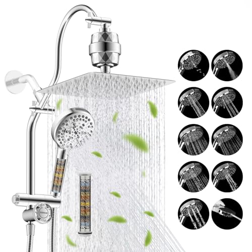 Hibbent 10" Dual Filtered 10" Rainfall Shower Head with Handheld 10-Spray | High Pressure Metal Chrome Showerhead Combo with Filter, 4-way Diverter with Pause Mode, Extension Arm, 71'' Hose & Holder - color: Chrome, style: Square 10" with filter