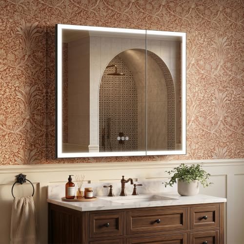 36x32 Led Medicine Cabinet Mirror for Bathroom, Black AL Alloy Frame, Plug-in or Hardwired, Recessed or Wall Mount, Anti-Fog, 3-Color Dimmable Lights, USB-C&USB-A+ 2 Outlets, 3 Shelves - size: 36x32