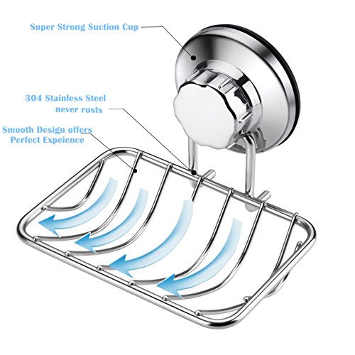 Super Powerful Vacuum Suction Cup Soap Dish, Updated Strong Rustproof Stainless Steel Shower Caddy Soap Saver Sponge Holder for Bathroom & Kitchen Sink - color: Chrome