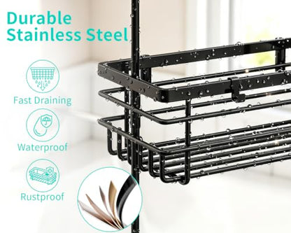 HapiRm Hanging Shower Caddy – For Renters & Small Bathrooms, Fits Shower Curtain Rods, No Drilling, 2 Rustproof 304 Shelves, 4 Hooks, and a Detachable Toothbrush Holder You Can Rinse - Black - color: Black