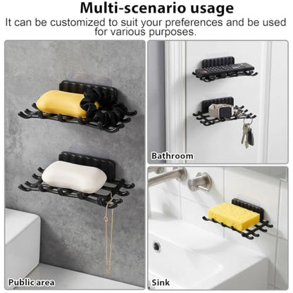 2 Pcs Shower Soap Holder for Wall, Adhesive Wall Mounted Soap Dish | Bar Soap Holder for Shower for Shower with Grid Design for Bathroom, Kitchen (Black)