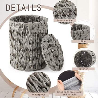 Ctosree 1.3 Gal Boho Wicker Trash Can with Lid, Grey | Polypropylene woven material; includes 100 garbage bags; for bedroom, office & laundry - color: Grey, style: Round