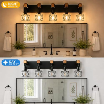 Farmhouse Vanity Light Fixture,5-Light Bathroom Lighting,Black Industrial Wood Wall Light Over Mirror with Metal Shade,LED Bulbs Not Included - color: Black, size: 5-Light-Wide 35"