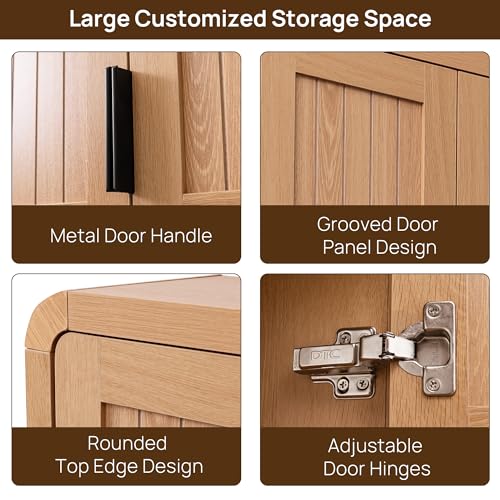 25.4" Bathroom Wall Cabinet with Grooved Doors & Open Shelf, Oak | Grooved Double Doors / Rounded Edges / 3-Position Shelf / Open Storage / Hanging Rail Mount / Natural Oak Finish