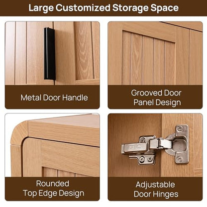 25.4" Bathroom Wall Cabinet with Grooved Doors & Open Shelf, Oak | Grooved Double Doors / Rounded Edges / 3-Position Shelf / Open Storage / Hanging Rail Mount / Natural Oak Finish