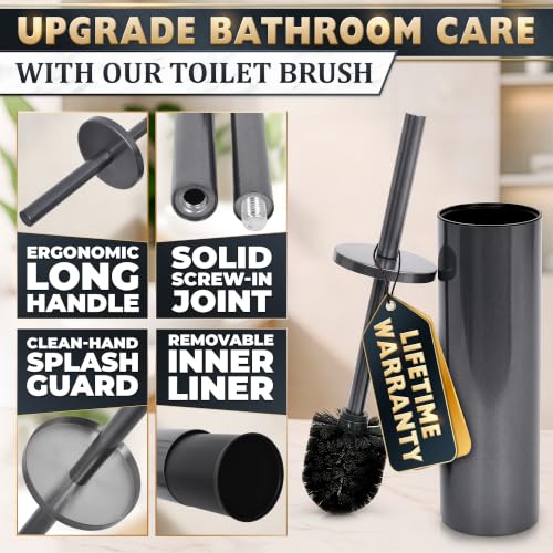 Stainless Steel Toilet Brush and Holder Set, Splash Guard (Graphite) | Toilet Bowl Brush and Holder, Removable Inner Bowl, Dense Bristles, Long Handle, Scratch Resistant, for Modern Bathrooms - color: Graphite