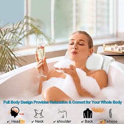 OMYSTYLE Full Body Bath Pillow, Bath Pillows for tub with Mesh Washing Bag & 21 Non-Slip Suction Cups, Spa Bathtub for Head Neck Shoulder and Back Support - 5D Air Mesh & Quick Drying - color: White