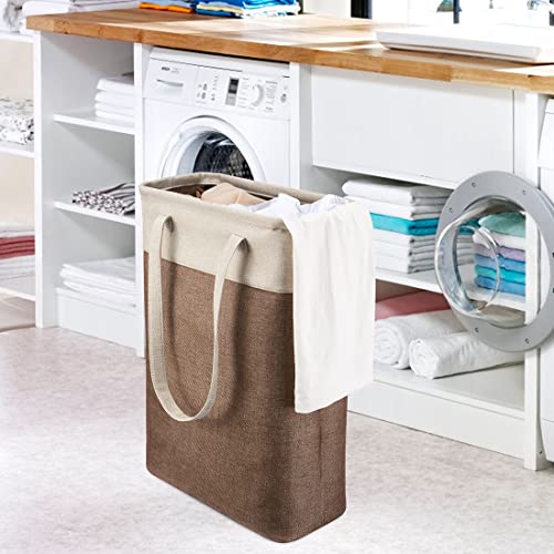 Laundry Basket with Handles Beige&Brown Slim Laundry Bin Collapsible Dirty Clothes Basket Narrow Laundry Bag Foldable Dirty Hamper for Camping, Dorms, Apartments - color: Beig&Brown