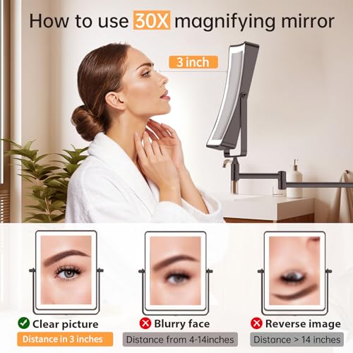 FASCINATE 8.7" 5000mAh Rechargeable Wall Mounted Makeup Mirror (Black) | Double Sided Touch Switch 1X 30X Rectangle Magnifying Mirror with Light, 3 Color Setting, Extended Arm 360° Swivel Foldable - color: Black a