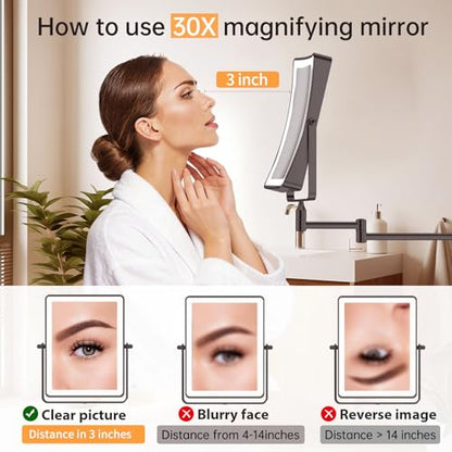 FASCINATE 8.7" 5000mAh Rechargeable Wall Mounted Makeup Mirror (Black) | Double Sided Touch Switch 1X 30X Rectangle Magnifying Mirror with Light, 3 Color Setting, Extended Arm 360° Swivel Foldable - color: Black a