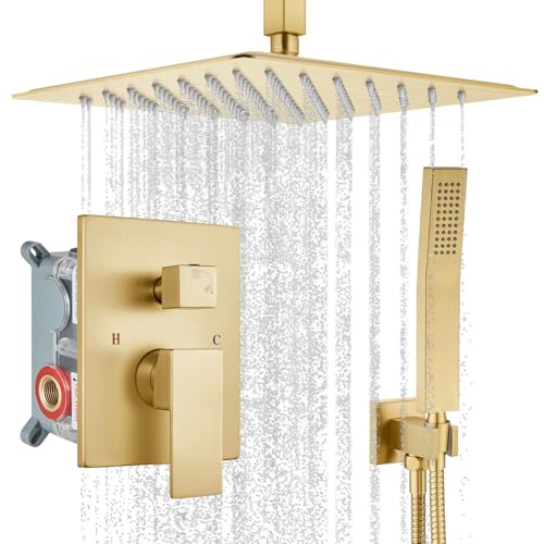 gotonovo Ceiling Shower System with Handheld Brushed Gold,12 inch Head | Ceiling Mount Bathroom Shower Faucet Set,SUS304 Rainfall Head and Handle Set Combo,Brass Valve Trim Kit,All Metal - color: Gold, size: 12 inch Head