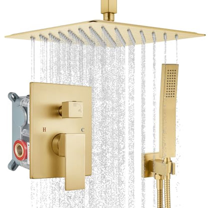 gotonovo Ceiling Shower System with Handheld Brushed Gold,12 inch Head | Ceiling Mount Bathroom Shower Faucet Set,SUS304 Rainfall Head and Handle Set Combo,Brass Valve Trim Kit,All Metal - color: Gold, size: 12 inch Head