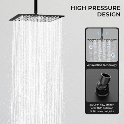 Rain Shower Head, High Flow Stainless Steel Square Rainfall Shower, Waterfall Bath Shower Body Covering, Ceiling or Wall Mount, Ultra Thin (12 Inch, Matte Black) - color: Matte Black, size: 12 Inch