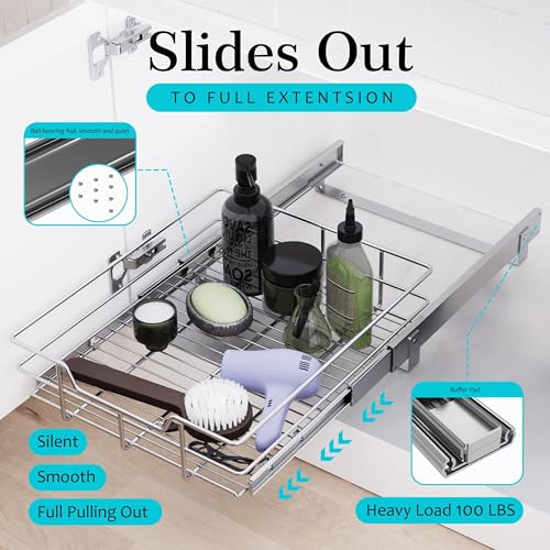 Pull Out Cabinet Organizer 20" W X 17" D, Slide Out Drawers For Kitchen Cabinets, Pull Out Drawers For Cabinets Capacity Heavy Duty Caddy, Cabinet Pull Out Shelves Chrome-Plated, Bathroom Pantry | For Kitchen Organizers and Storage, Pull Out Drawers For C