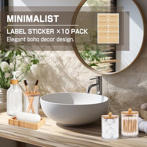 Bamboo Bathroom Accessory Set 5 Pcs, Boho Bathroom Accessories Sets Complete, Clear Bath Soap Dispenser and Toothbrush Holder Set, Soap Dish, Cotton Swab Jar, Boho Organizer - color: Clear