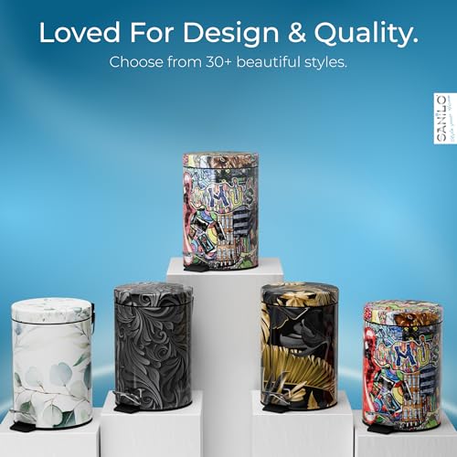 Sanilo Small Bathroom Trash Can with Lid [1.3 Gallon] - Lidded Tiny Trashcan for Garbage - Mini Metal Bin with Soft Closing Mechanism - Bath Room Accessoire Wastebin with Inner Bucket (Graffiti) - color: Graffiti