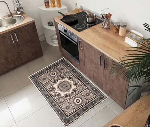 Keen Home Design Vintage Washable Entryway Rug, Non-Slip Low Pile, 2x3 | Machine washable cotton chenille, 0.25in low pile, rubber non-slip back; kitchen, entryway, bathroom, bedside - color: Beige / Indigo Blue, size: 2' x 3' (Rectangular)