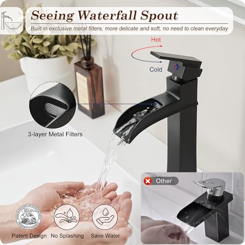 Vessel Sink Faucet Black, 12 Inch Waterfall Tall Bathroom Faucet One Hole with Pop-Up Drain & Pre-Installed Hoses, Single Handle for Bathroom Sink Bowl Deck Mount, Modern, Brass Material - color: Matte Black - Elegant