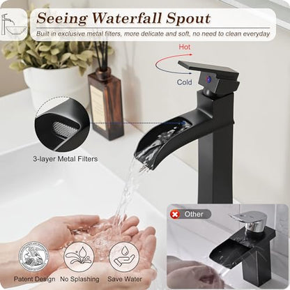 Vessel Sink Faucet Black, 12 Inch Waterfall Tall Bathroom Faucet One Hole with Pop-Up Drain & Pre-Installed Hoses, Single Handle for Bathroom Sink Bowl Deck Mount, Modern, Brass Material - color: Matte Black - Elegant
