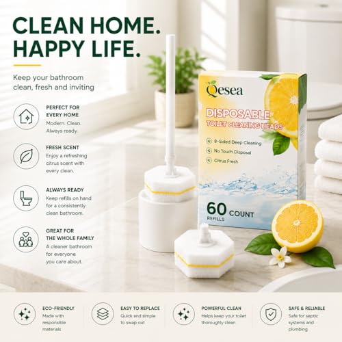 Toilet Wand Refills 60 Count Lemon Scent – Disposable Toilet Bowl Cleaner Brush Heads with Fresh Citrus Fragrance, Fits Most Standard Toilet Wand Handles, Hygienic No-Touch Cleaning Sponge Pads - size: 1 Count (Pack of 60)