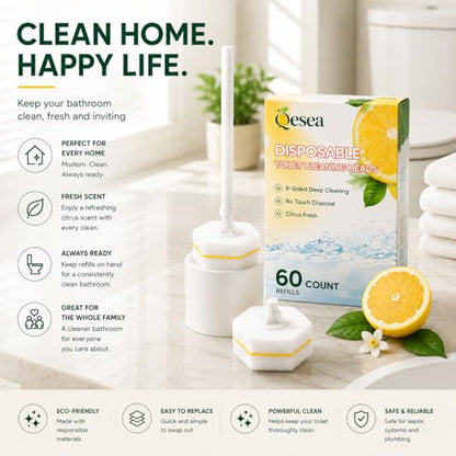 Toilet Wand Refills 60 Count Lemon Scent – Disposable Toilet Bowl Cleaner Brush Heads with Fresh Citrus Fragrance, Fits Most Standard Toilet Wand Handles, Hygienic No-Touch Cleaning Sponge Pads - size: 1 Count (Pack of 60)