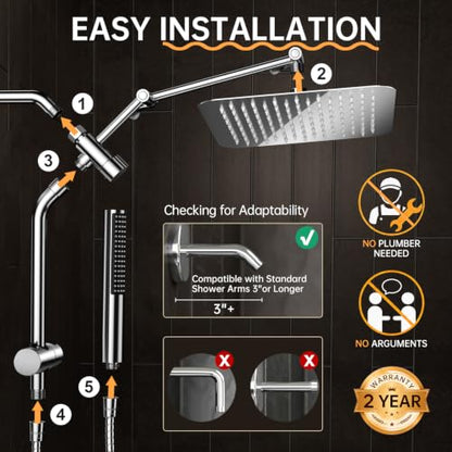 Veken All Metal 10"Luxurious Rain Shower Head with Handheld Spary,Power Jet | Square,Dual High Pressure Showerhead Combo,Double Detachable Shower Heads,Rainfall with Extension Arm,Long Hose,Chrome,Silver - color: Chrome, size: 10 Inch