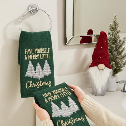 Holiday Christmas Bathroom Guest Hand Towels, 100% Cotton, Set of 2, Have Yourself a Merry Little Christmas Gold White on Green- 16” x 25” Decorative Bath & Kitchen Towels - color: Little Christmas