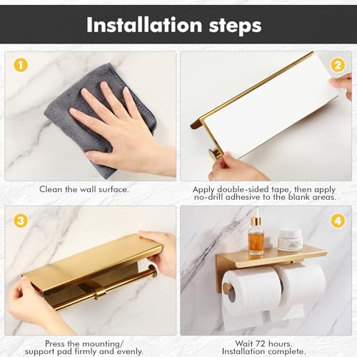 Double Toilet Paper Holder with Shelf, Wall Mount Tissue Roll Holder for Bathroom, 304 Stainless Steel Commercial Toilet Tissue Dispensers with Phone Shelf (Gold) - color: Gold