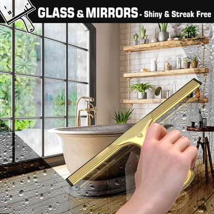 All-Purpose Shower Squeegee for Shower Glass Doors with 2 Adhesive Hook, Stainless Steel Squeegee for Bathroom, Household Window, Mirrors, Tiles and Car Windows 10 Inches, Clear, Golden