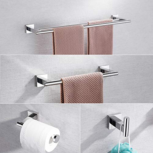 Miyili 4-Pieces Polished Stainless Steel Bathroom Hardware Set Wall Mounted - Includes Double Towel Bar, Hand Towel Rack, Toilet Paper Holder, Robe Hook, BS02C4 - color: Polished Steel