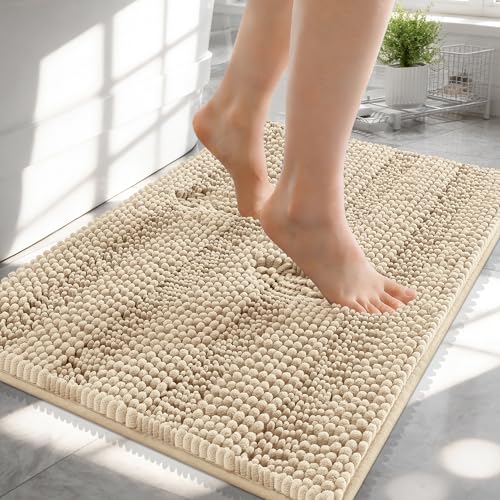 OLANLY Thick Small Bathroom Rugs 24x16, Soft Chenille Bath Rugs, Beige | Rubber Backing, Machine Wash, Extra Absorbent Striped Bath Mats for Bathroom Floor, Tub and Shower, Home Decor Accessories - color: Beige, size: 24" X 16"