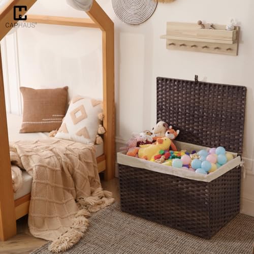 CAPHAUS Laundry Basket with Lid & Handles, Foldable Clothes Hamper, Large 65L Synthetic Rattan Storage Bin with 2 Removable Liner Bags, Collapsible Laundry Hamper, Brown - color: Brown, size: 17.2 Gal (65L)