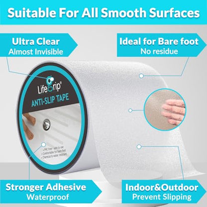 LifeGrip Anti Slip Transparent Anti Slip Tape, 6 inch by 38 feet, Non-Slip Traction Grip Tape to Tubs, Boats, Stairs, Clear, Soft, Comfortable for Bare feet (6" X 38') - size: 6" X 38'