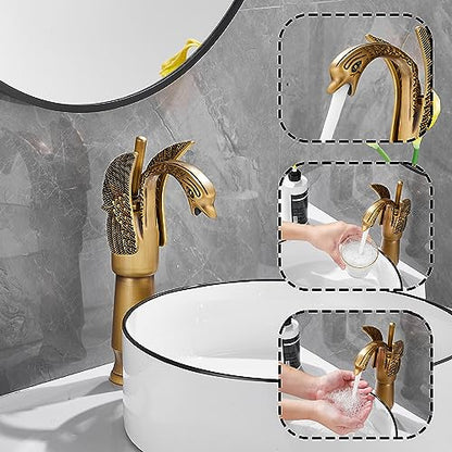 Antique Brass Swan Shape Single Handle One Hole Bathroom Vessel Sink Faucet Deck Mount Lavatory Sink Faucet - color: Antique Brass, size: Tall