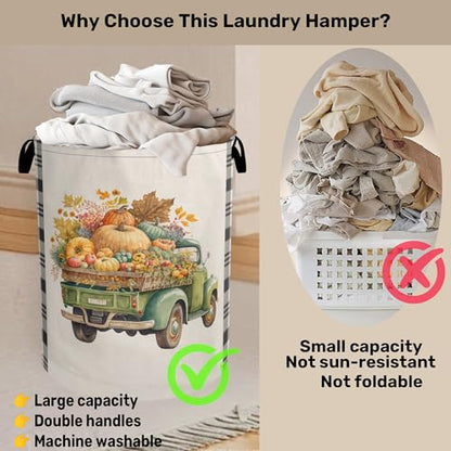Fall Pumpkin Truck Large Clothes Hamper Bag - Laundry Basket with Handles, Space Saving Foldable Design for Nursery - color: Fall Pumpkin Truck