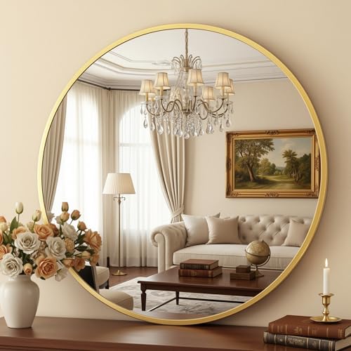 Antok 24 Inch Round Mirror for Wall, Round Bathroom Mirror, Circle Wall Mirrors with Gold Metal Frame, Circle Mirrors Suitable for Wall, Bathroom, Vanity, Living Room, Entryway - color: Gold, size: 24"L x 24"W