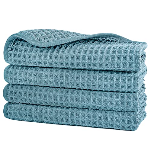 POLYTE 430 GSM Microfiber Lint Free Washcloth Face Towel, 13 x 13 in, 4 Pack (Waffle Weave) - color: Green