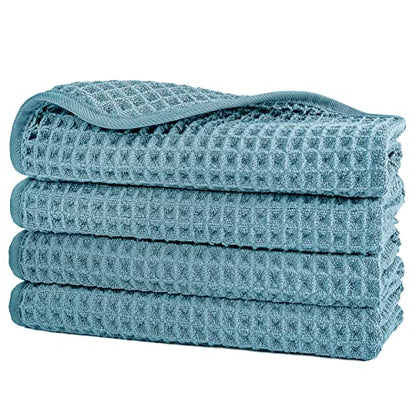 POLYTE 430 GSM Microfiber Lint Free Washcloth Face Towel, 13 x 13 in, 4 Pack (Waffle Weave) - color: Green