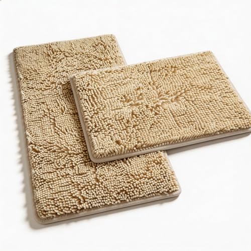 RUN HELIX Beige Bath Mat Set - 32"L x 20"W + 24"L x 16"W, Non Slip, Machine Washable, Home Decor - color: Beige