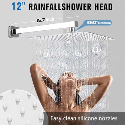12 Inch Rainfall Shower System with Tub Spout Wall Mounted Complete Combo with Solid Brass Pressure Balancing Valve, High Pressure Shower Head, Handle Set & Installation Accessories Chrome - color: Chrome