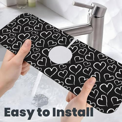 Love Heart Hearts Black And White Kitchen Sink Splash Guard Faucet Mat Super Absorbent Fast Drying Mat Sink Gadgets-Fast Drying Pad Sink Mat For Kitchen Bathroom (15" X 5.5" ) - color: Love Heart