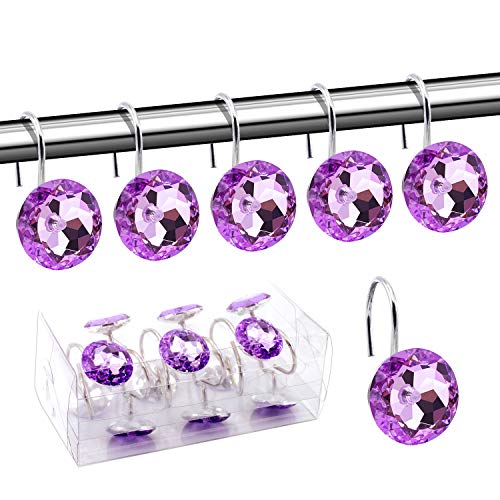BEAVO Acrylic Fashion Decorative Home Rolling Purple Shower Curtain Hooks Rhinestones Bathroom Bath Baby Room Bedroom Living Room Decor Set of 12 Rings (Purple) | Diamond Crystal Decorative Shower Curtain Ring, Stainless Steel Rustproof Shower Hook Ring,
