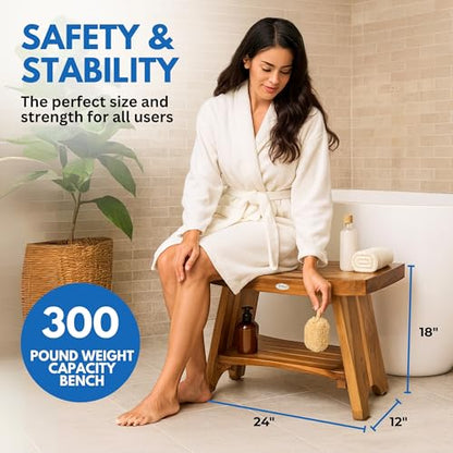 EcoDecors Serenity 24-Inch Teak Shower Bench with Shelf, 300 lb | Supports up to 300 lb with adjustable non-slip feet for stable, secure seating in showers and bathrooms - size: 24" shelf