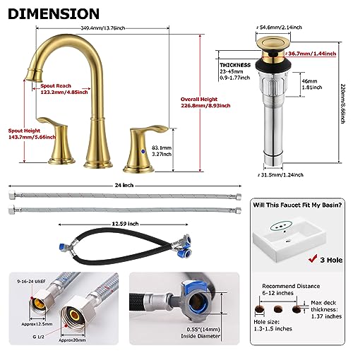 Brushed Gold Widespread Bathroom Sink Faucet 8 Inch for Vanity | with All Metal Pop Up Drain, High Arc 2 Handle Lead-Free Deck Mount Bathroom Faucet for 3 Hole Lavatory Utility Sink - color: Brushed Gold