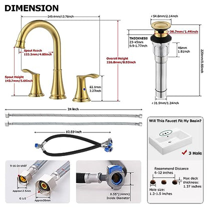 Brushed Gold Widespread Bathroom Sink Faucet 8 Inch for Vanity | with All Metal Pop Up Drain, High Arc 2 Handle Lead-Free Deck Mount Bathroom Faucet for 3 Hole Lavatory Utility Sink - color: Brushed Gold