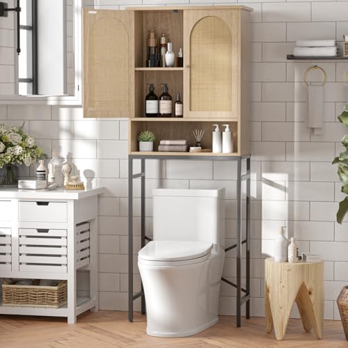 FiveWillowise Rattan Toilet Storage Cabinet, Over The Rack Wood Cabinet with Metal Stand, Bathroom Organizer with Adjustable Shelf, Tall Freestanding Washer Shelf, Small Cupboard, Natural - color: Rattan Door-natural, style: Casual